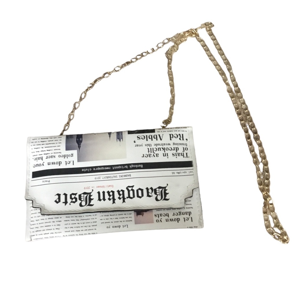 Newspaper print purse, black and white, gold chain